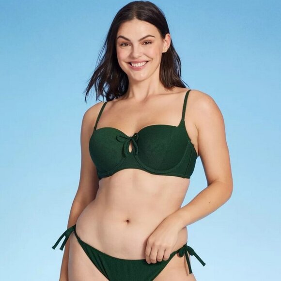 Light Lift Tie-Front Keyhole Pique Textured Bikini Top - Shade & Shore Green 32B - Picture 1 of 4